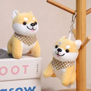 Cute Shiba Inu plush toy keychain, fluffy puppy doll bag pendant with decorative scarf.