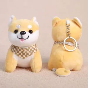 Cute Shiba Inu plush toy keychain, cartoon puppy bag charm with lovely scarf accessory detail.