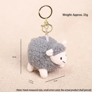 Cute grey plush sheep keychain detail shot, showing dimensions and weight for fluffy bag pendant.