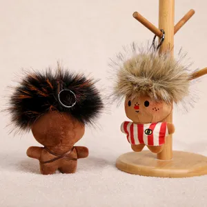 Cute funny afro plush doll keychain, fluffy faux fur hair bag pendant trendy accessory.