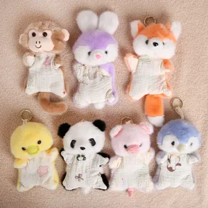 Cute plush animal keychain set featuring monkey, bunny, fox, panda, and more with mini aprons.