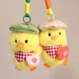 Cute yellow duck plush keychain pendant with hat and heart, soft toy bag ornament.