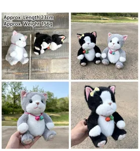 Close-up details of the cute plush cat toy with bell and ribbon, soft and delicate texture.