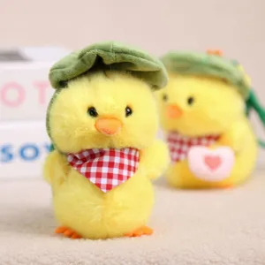Cute lotus leaf duck plush pendant, soft yellow stuffed animal toy with green hat and cute scarf.