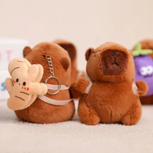 Cute capybara plush toy detail view, soft brown stuffed animal keychain with lovely accessory.