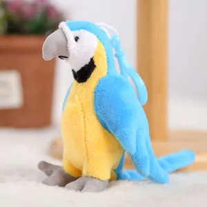 Close-up detail of cute parrot plush toy keychain, featuring soft blue and yellow fabric.