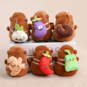 Cute capybara plush keychain with vegetable backpack, soft toy pendant, detailed close-up.
