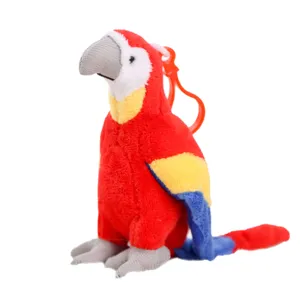Cute plush parrot toy keychain with colorful stuffed bird design and handy plastic hook.