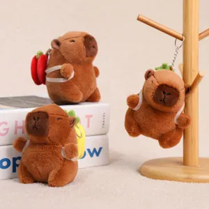 Cute Capybara plush keychain with vegetable backpack main view, fluffy cartoon animal toy ornament