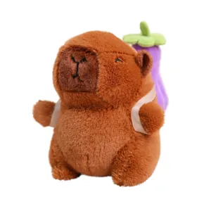 Cute brown capybara plush toy with purple eggplant backpack soft animal doll gift.