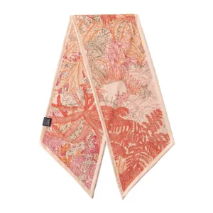 Silk wool twilly scarf for women, featuring a chic tropical jungle botanical print and diagonal ends.