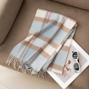 Cozy winter plaid cashmere scarf with tassels, soft warm neck wrap for women and men stylish.