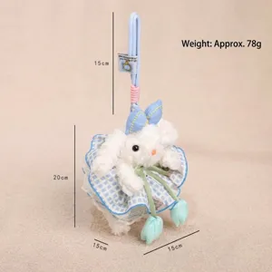 Cute plush rabbit pendant detail, blue plaid dress and tulip design, soft hanging accessory.