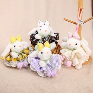 Cute plush bunny pendant, soft stuffed rabbit keychain with floral dress and bow for bags gifts.