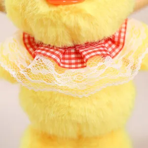 Detailed view of the cute yellow plush duck pendant with a lovely checkered lace collar, soft.