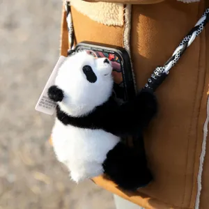 Cute panda plush phone holder strap, adorable hanging animal doll accessory for mobile phone case.