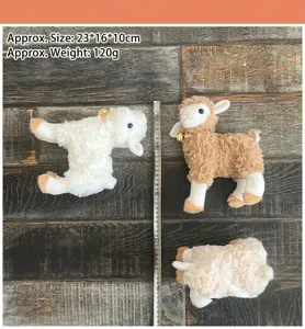 Plush sheep toy detail view, cute stuffed animal with bell, soft texture and detailed size display.