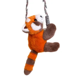 Cute red panda plush toy hanging on rope, soft stuffed animal doll charm for bags or room decor.