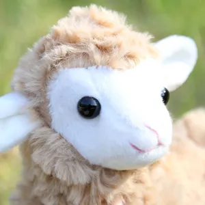 Close-up detail view of cute fluffy sheep plush toy head with soft curly wool and sweet expression.