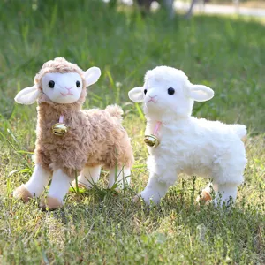 Cute standing plush sheep toy with golden bell, soft stuffed animal doll for kids birthday gift.