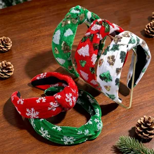 Natale Velluto Paillettes Cerchietto Annodato Albero di Natale Fiocco di Neve Largo Fascia per Capelli Festa Accessori