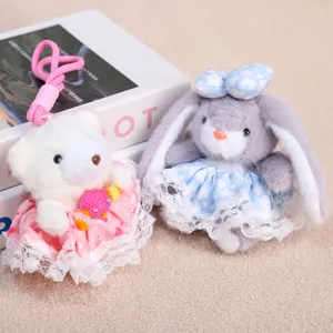 Portachiavi peluche con abito floreale, morbido ciondolo orsetto coniglietto per borsa.