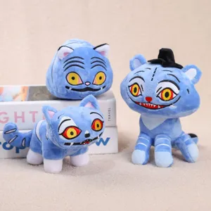 Close-up detail of cute blue plush toy characters, soft fabric and detailed stitching design.
