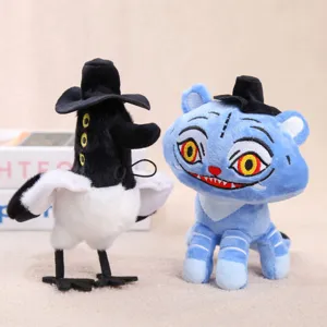 Cute plush toy set featuring black-white bird and blue monster dolls with mini top hats.