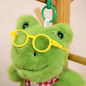 Lindo llavero de peluche de rana verde con gafas amarillas, juguete de peluche animal.