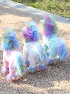 Standing rainbow unicorn plush toy detail view, featuring colorful mane and tail for kids gifts.
