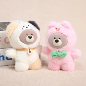 Cute vinyl plush bear animal costume pendant, soft toy keychain accessory for bags and keys.