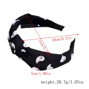 Halloween ghost print knotted fabric headband detail view showing dimensions and weight.