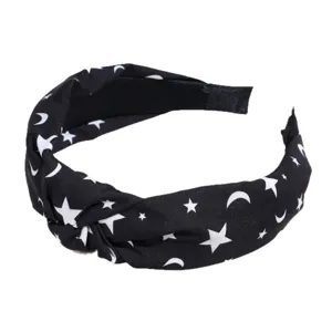 Black and white star and moon printed wide headband knot hair accessory for women.