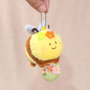 Cute little bee plush toy keychain with flower basket, soft stuffed animal bag pendant.