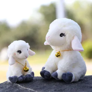 Cute plush sheep toys set with golden bells, soft stuffed animal dolls for kids birthday gifts.