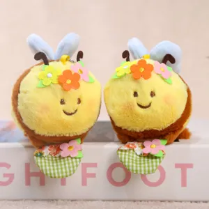 Cute bee plush toy pendant with flower basket design, soft and adorable plush doll gift.