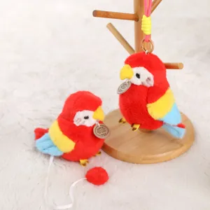 Cute macaw plush toy keychain stuffed bird doll with wooden display stand for kids bags.