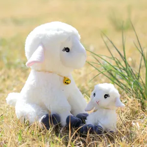 Cute simulation sheep plush toys detail, mother and baby stuffed animals with golden bell.