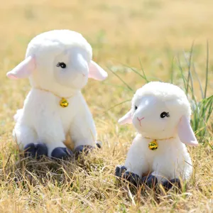 Cute sitting sheep plush toy with bell, soft stuffed animal doll for kids birthday gift.