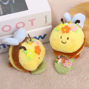 Cute bee plush toy with flower basket keychain pendant soft doll birthday gift for kids