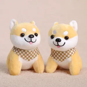 Cute shiba inu plush toy detail view, soft stuffed animal bag pendant with lovely scarf.