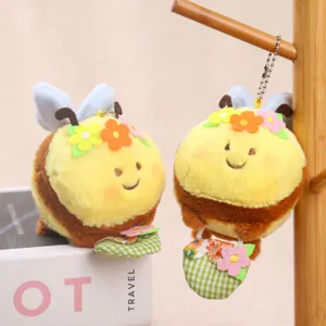 Cute bee plush toy keychain with flower crown and tiny bag, soft animal bag charm