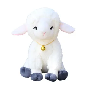 Cute white sheep plush toy with golden bell necklace, soft stuffed animal doll for kids gifts.
