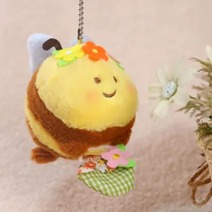Cute bee plush pendant toy with hanging chain and flowers, perfect for bags and gifts.