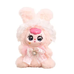 Adorable colgante de muñeca de conejo de peluche con gorro de encaje y lazo rosa, adorno de bolso.