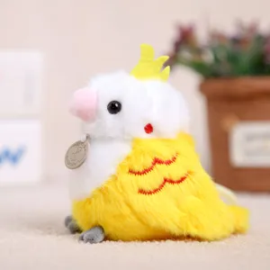 Cute cockatiel plush toy bag pendant, soft yellow and white stuffed bird doll gift.