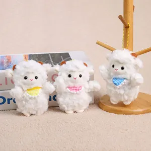 Cute plush sheep keychain with colorful bib, soft stuffed animal doll pendant for keys.