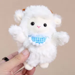 Cute white sheep plush pendant with blue plaid bib, soft hanging toy keychain gift.