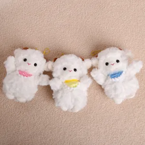 Cute white plush sheep keychain with colorful checkered bib, soft stuffed animal doll pendant.
