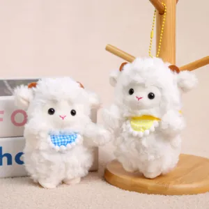 Cute little sheep plush keychain with plaid bib, soft stuffed animal bag hanging ornament.